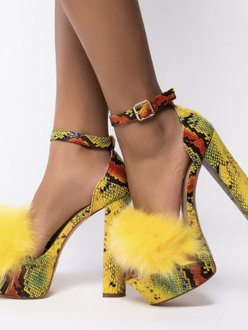 Yellow Snake-Print Platform Heels with Yellow Fur Pom - Picture 6 of 6